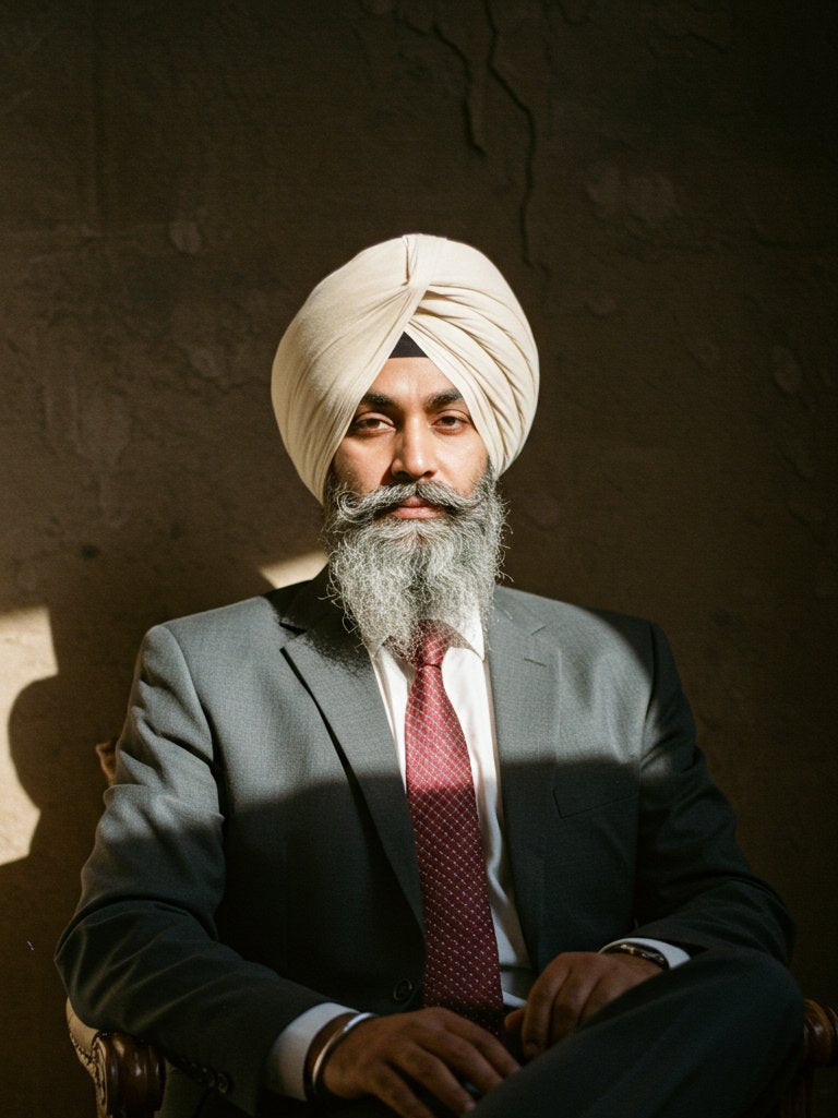 A man in a beige turban and grey suit sits confidently in a chair, with warm sunlight casting soft shadows across his face and clothing. His composed posture and the textured dark background create a strong, dignified atmosphere.