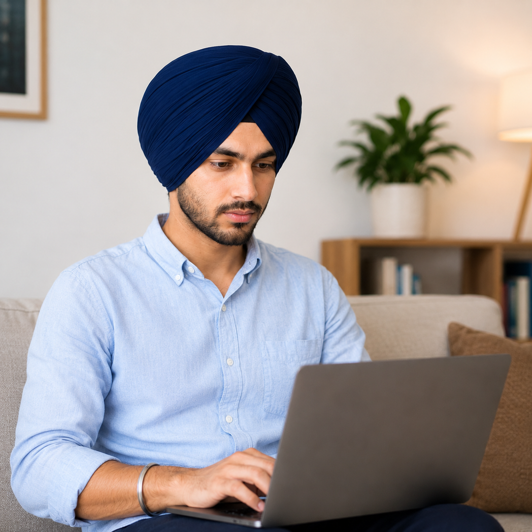 A man wearing a navy blue turban and light blue shirt works on a laptop while seated on a sofa in a modern, well-lit living room.