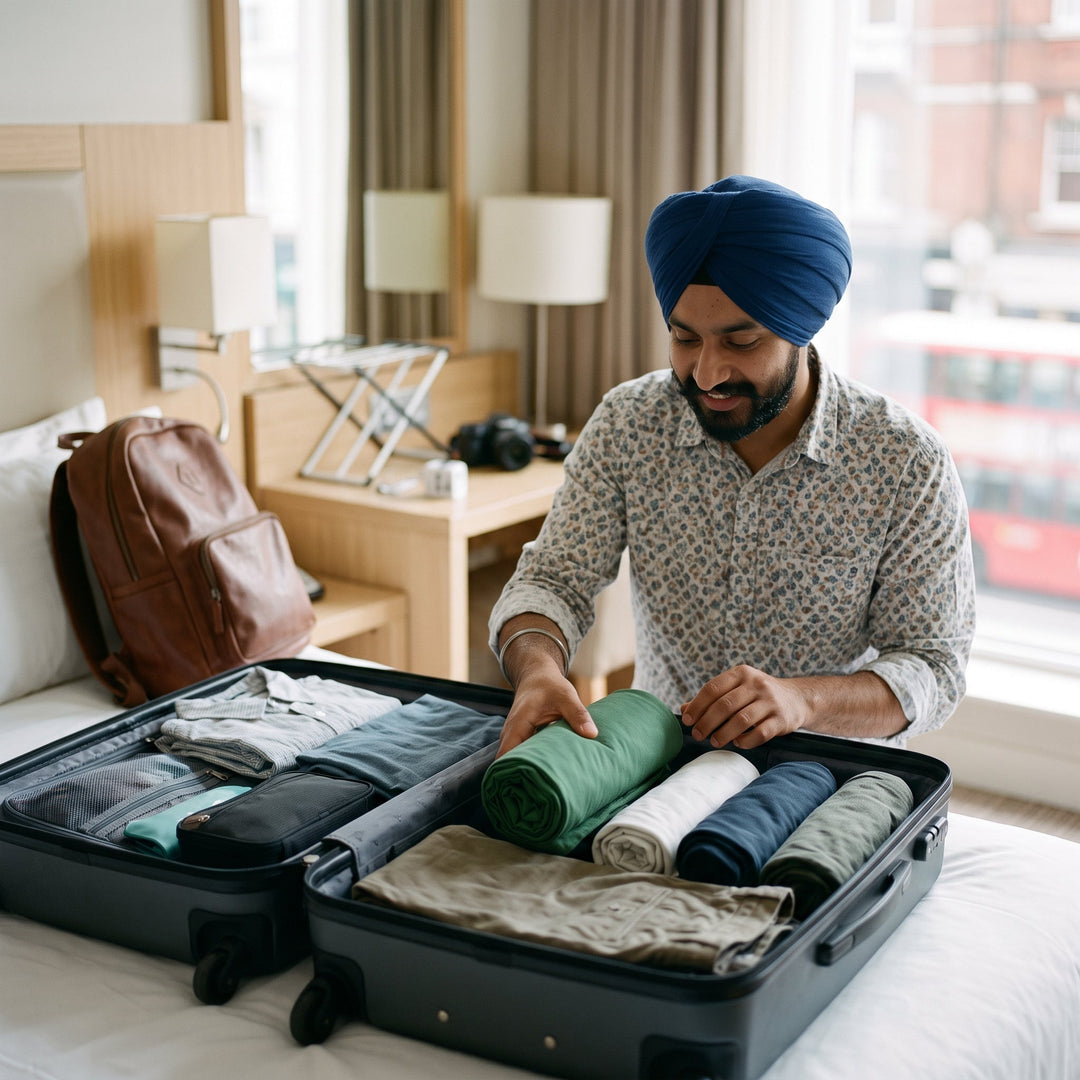 A smiling child wearing a blue patka sits while an adult gently adjusts the collar of their patterned shirt in a cozy, toy-filled room.