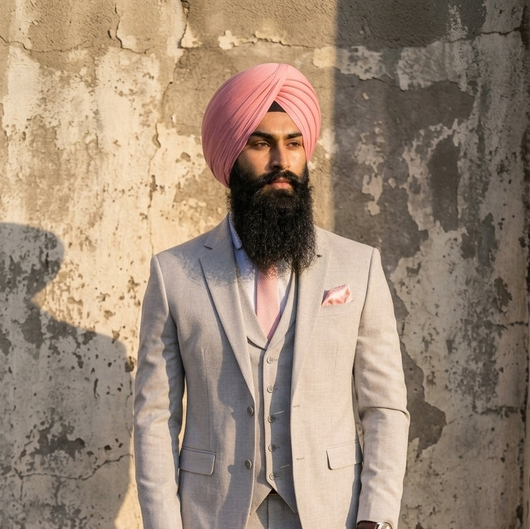 A man with a long beard wearing a pastel pink turban and light grey suit stands confidently against a textured concrete wall in warm sunlight.