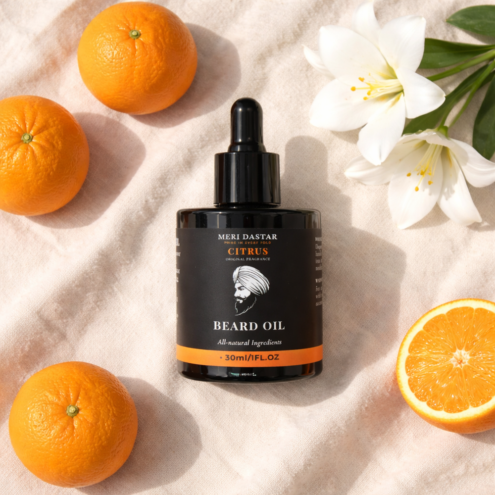 Meri Dastar beard oil packaging with bottle on a white background