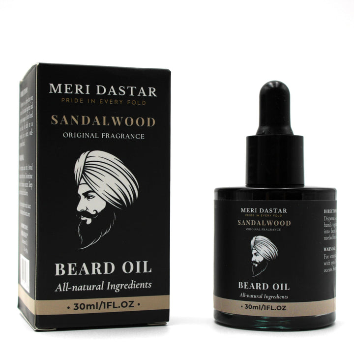 Meri Dastar Sandalwood beard oil packaging with dropper bottle on a white background
