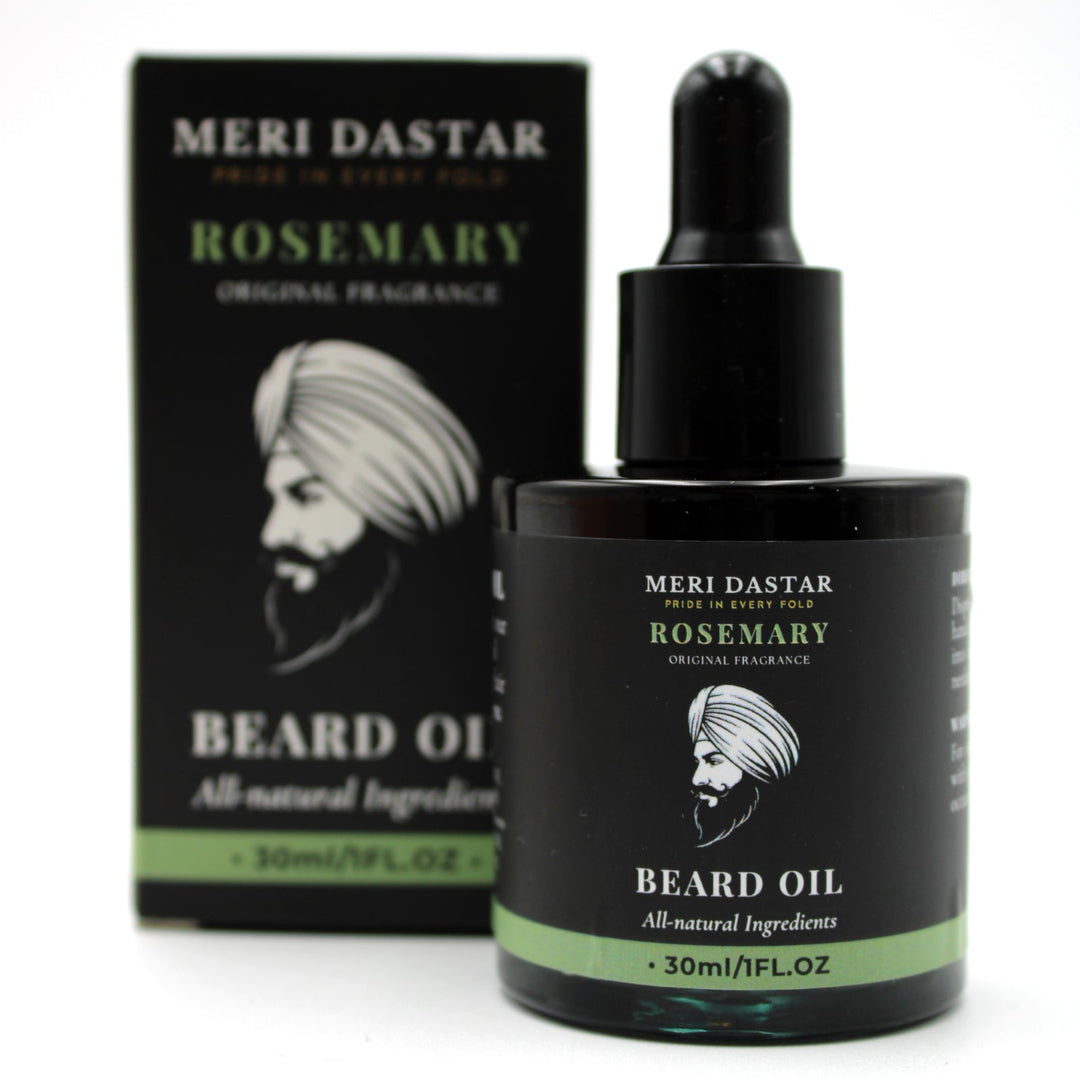 Meri Dastar Rosemary Beard Oil bottle and packaging on a white background