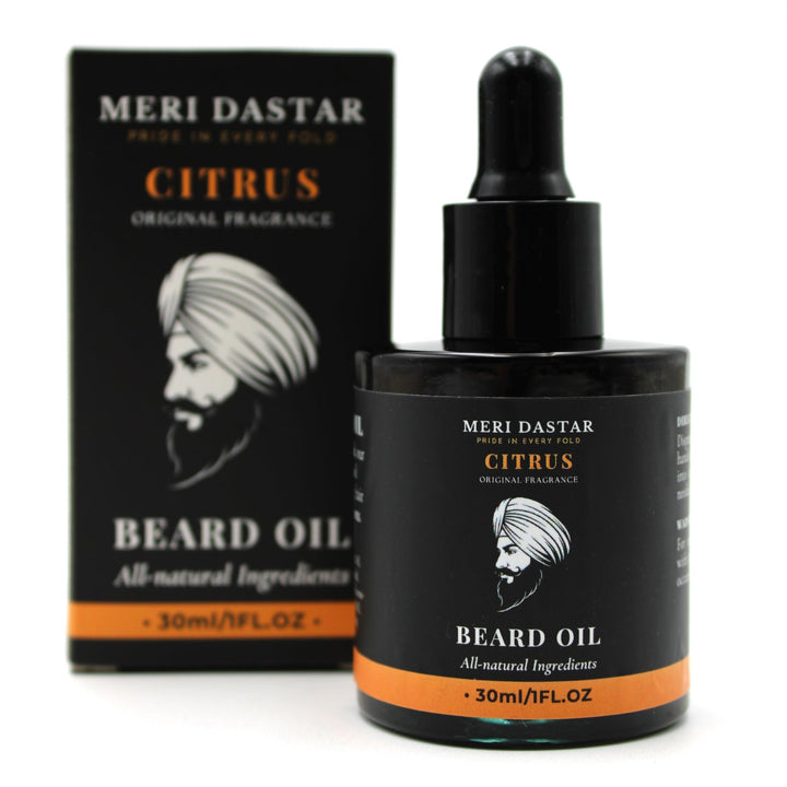 Meri Dastar Citrus Beard Oil bottle and packaging on a white background