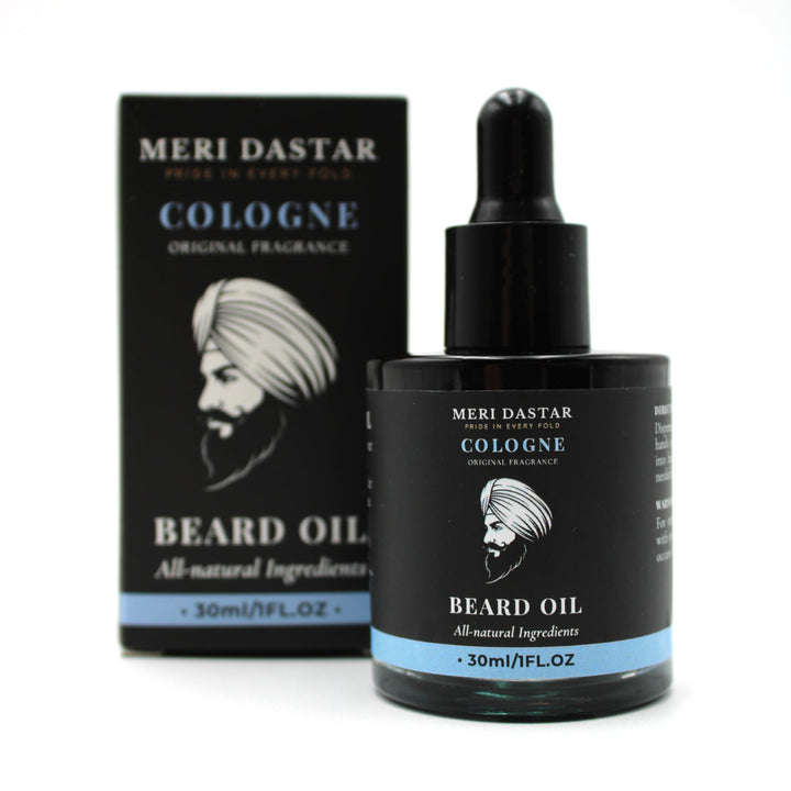 Meri Dastar beard oil bottle and packaging on a white background