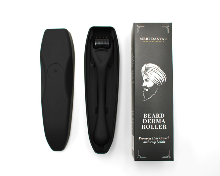 Black beard derma roller with packaging on a white background Meri Dastar