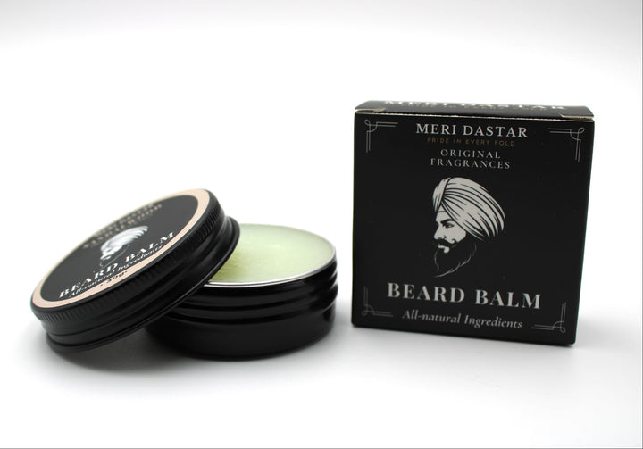 Beard balm with packaging on a white background