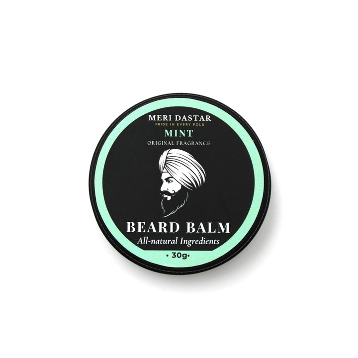 Beard balm container with green and black design on a white background
