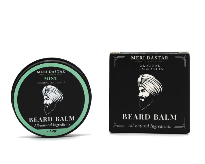 Meri Dastar beard balm container and packaging on a white background