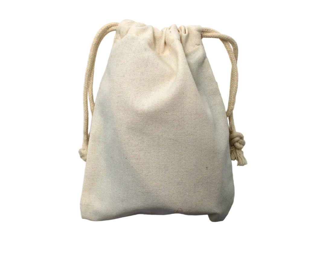 Beige drawstring pouch on a white background