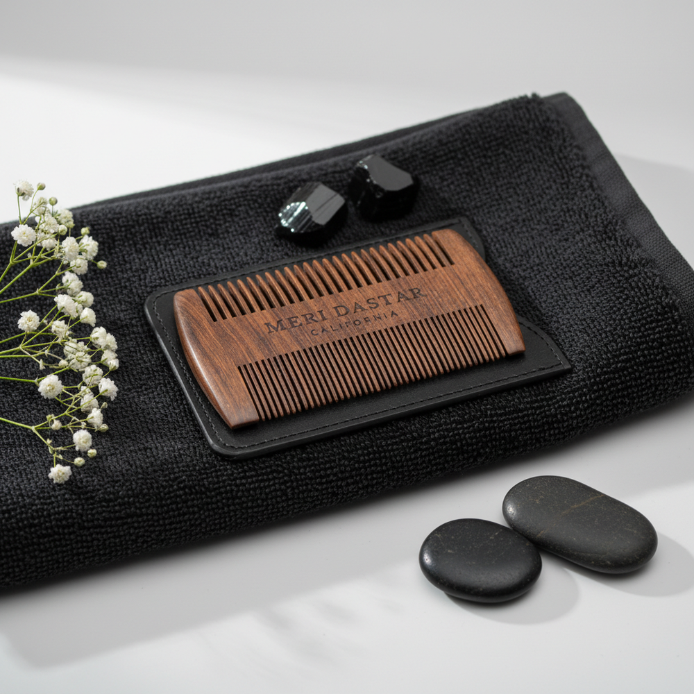 Wooden comb with black case on a white background, featuring 'MERI DASTAR' branding.