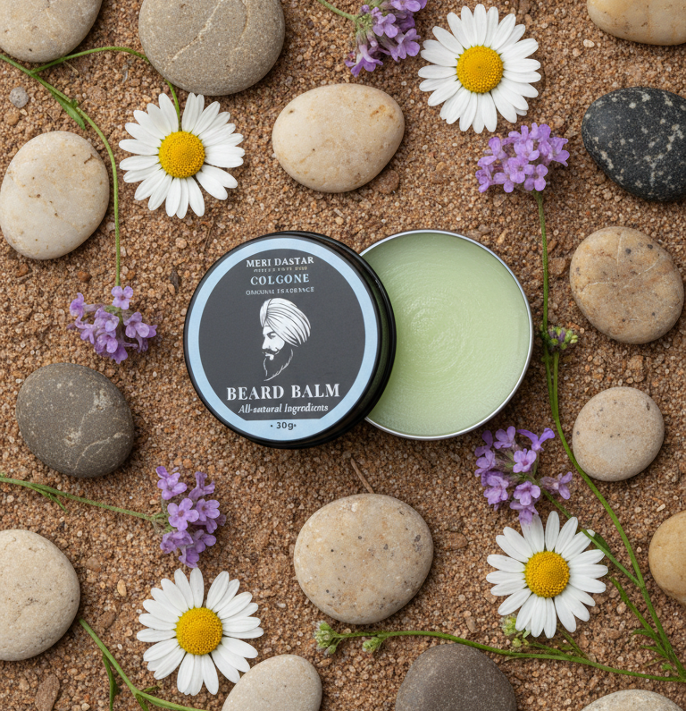 Beard balm container with branding on a white background