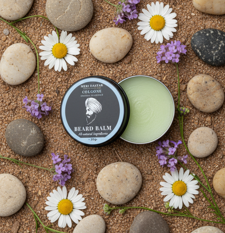 Beard balm container with branding on a white background