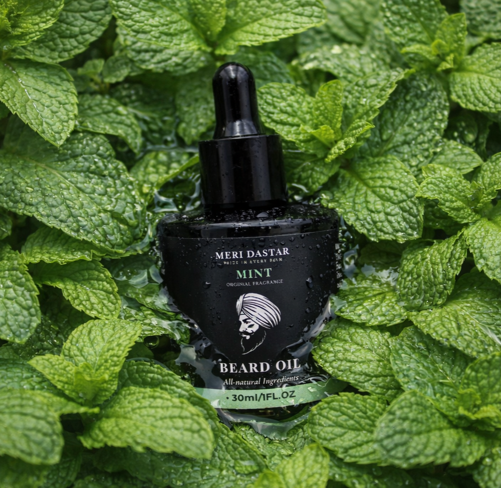 Meri Dastar beard oil bottle and packaging on a white background